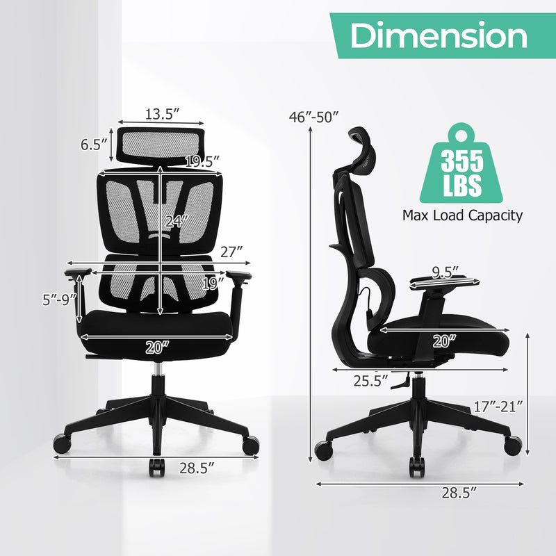 *Ergonomic Office Chair with N Type Lumbar Support and Adjustable Headrest - Black