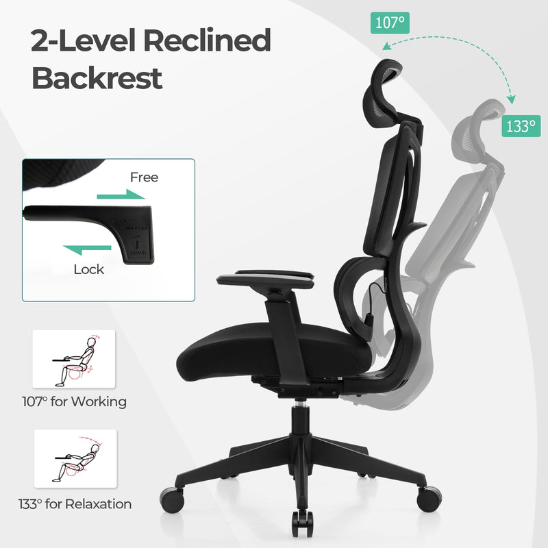 *Ergonomic Office Chair with N Type Lumbar Support and Adjustable Headrest - Black