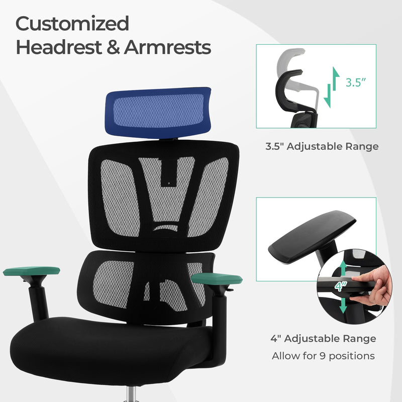 *Ergonomic Office Chair with N Type Lumbar Support and Adjustable Headrest - Black