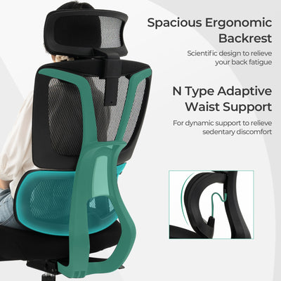*Ergonomic Office Chair with N Type Lumbar Support and Adjustable Headrest - Black