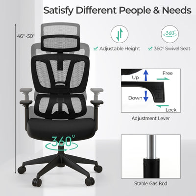 *Ergonomic Office Chair with N Type Lumbar Support and Adjustable Headrest - Black