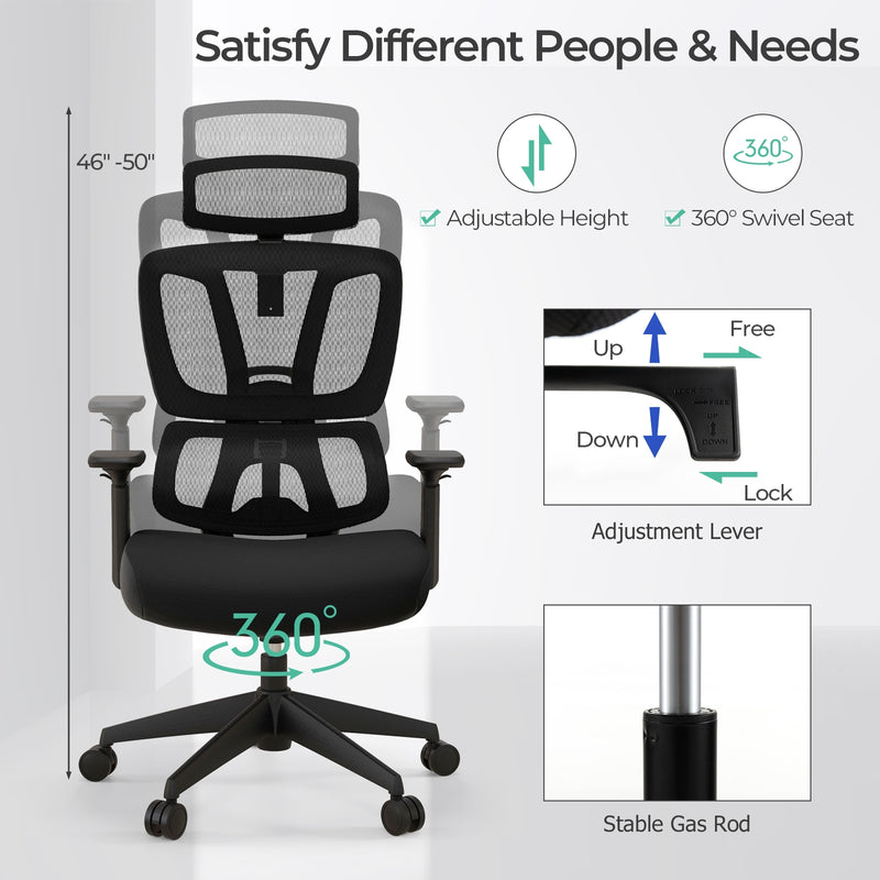 *Ergonomic Office Chair with N Type Lumbar Support and Adjustable Headrest - Black