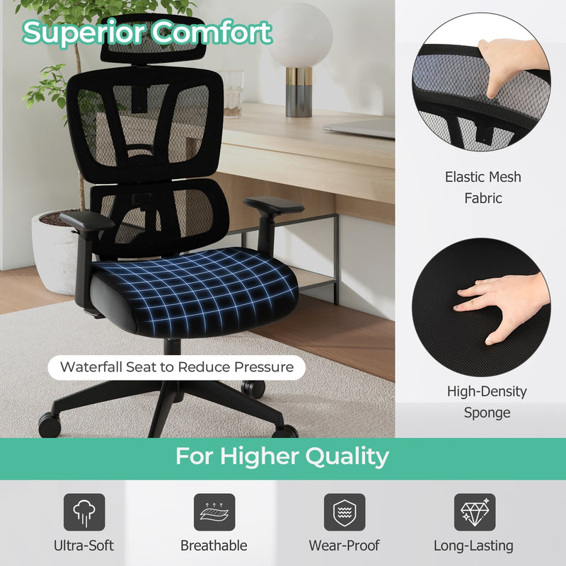 *Ergonomic Office Chair with N Type Lumbar Support and Adjustable Headrest - Black