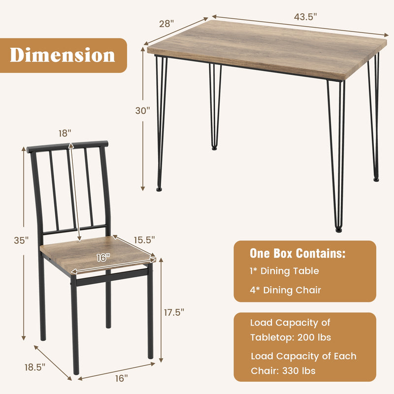 5 Pieces Dining Table Set for 4 with Metal Frame for Home Restaurant-Natural