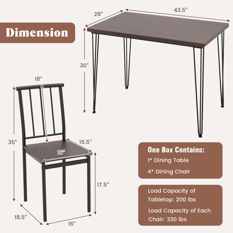 5 Pieces Dining Table Set for 4 with Metal Frame for Home Restaurant-Walnut