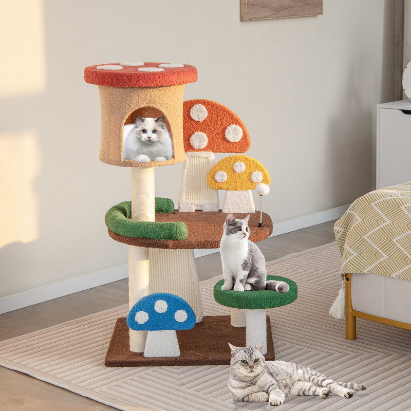 *4-In-1 Mushroom Cat Tree with Condo Spring Ball and Sisal Posts - Multicolor