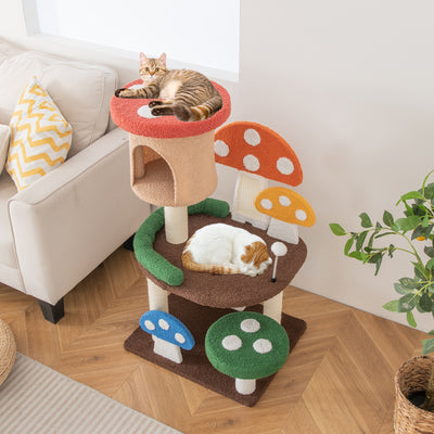 *4-In-1 Mushroom Cat Tree with Condo Spring Ball and Sisal Posts - Multicolor