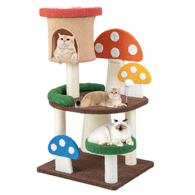*4-In-1 Mushroom Cat Tree with Condo Spring Ball and Sisal Posts - Multicolor