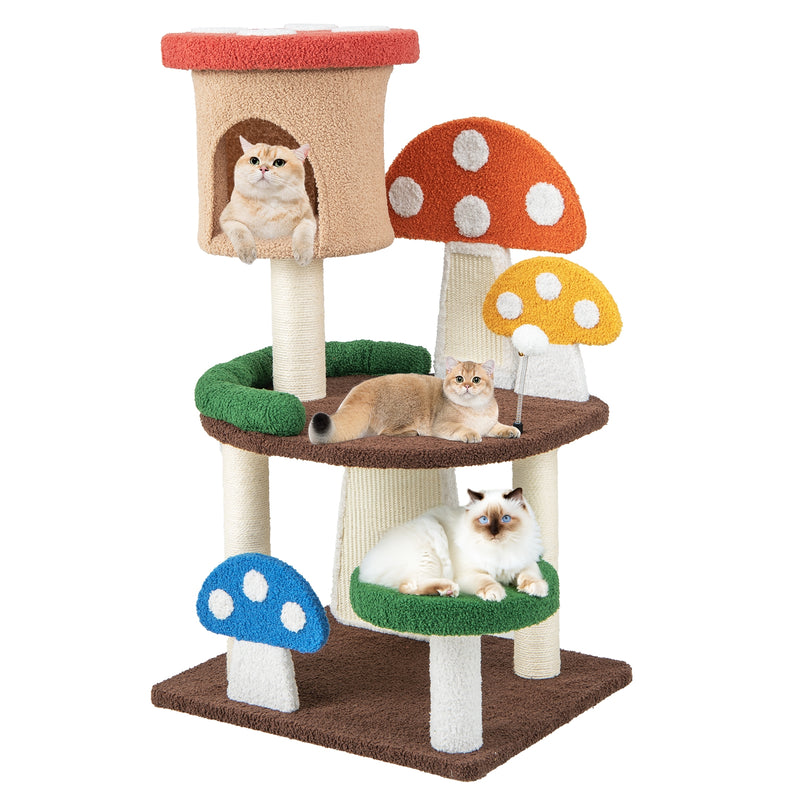 *4-In-1 Mushroom Cat Tree with Condo Spring Ball and Sisal Posts - Multicolor