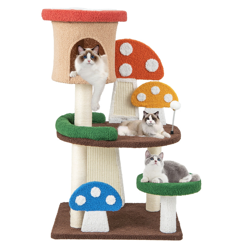 *4-In-1 Mushroom Cat Tree with Condo Spring Ball and Sisal Posts - Multicolor