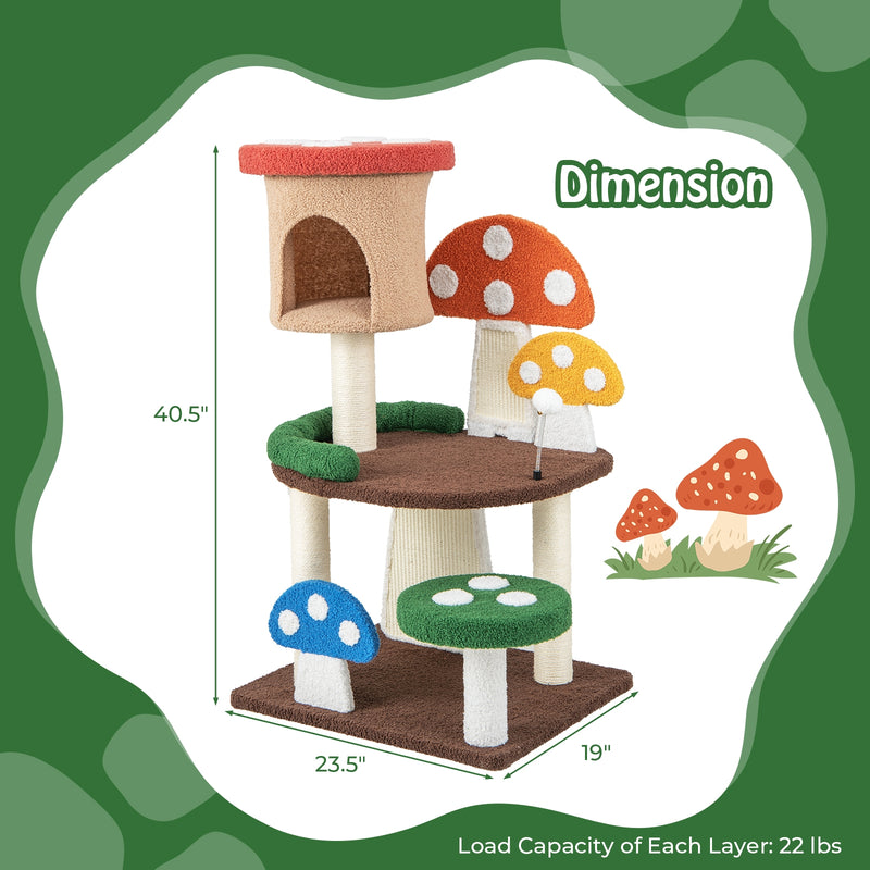 *4-In-1 Mushroom Cat Tree with Condo Spring Ball and Sisal Posts - Multicolor