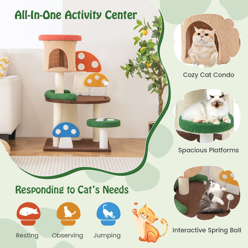 *4-In-1 Mushroom Cat Tree with Condo Spring Ball and Sisal Posts - Multicolor