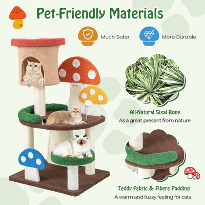 *4-In-1 Mushroom Cat Tree with Condo Spring Ball and Sisal Posts - Multicolor
