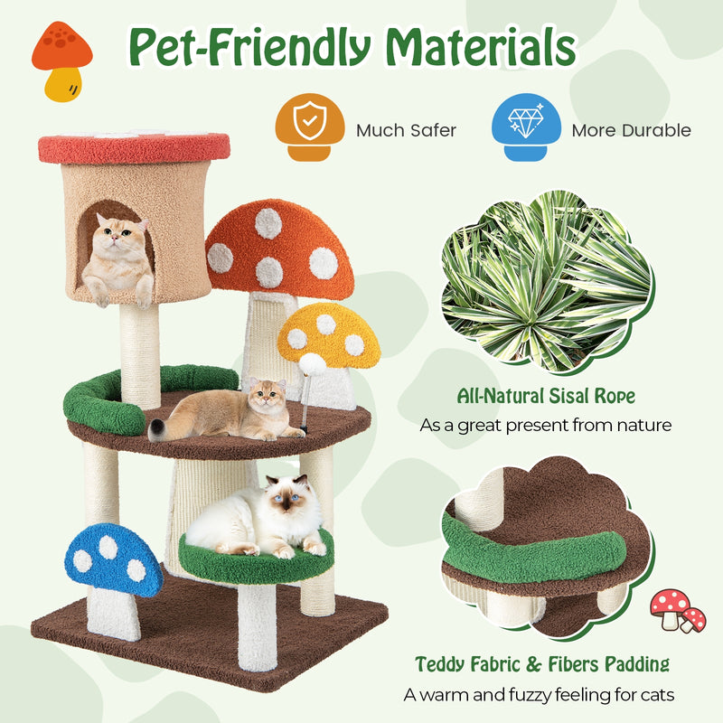 *4-In-1 Mushroom Cat Tree with Condo Spring Ball and Sisal Posts - Multicolor