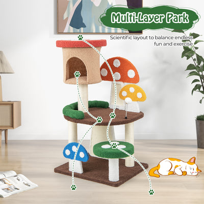 *4-In-1 Mushroom Cat Tree with Condo Spring Ball and Sisal Posts - Multicolor