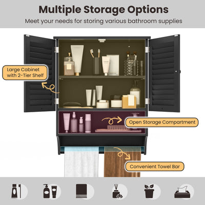 *2-Doors Bathroom Wall-Mounted Medicine Cabinet with Towel Bar - Black