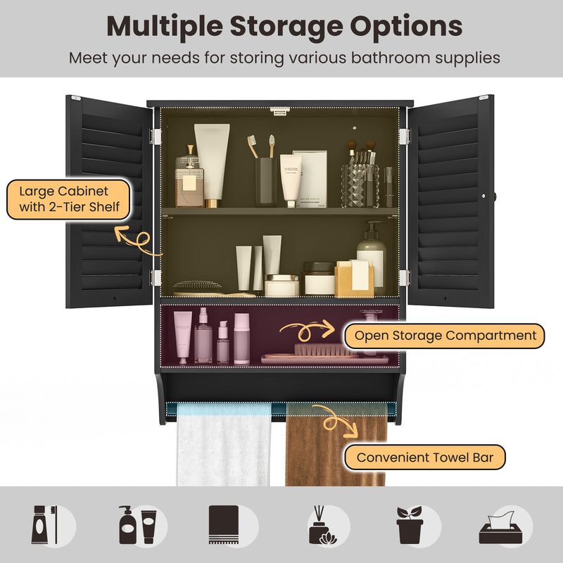 *2-Doors Bathroom Wall-Mounted Medicine Cabinet with Towel Bar - Black