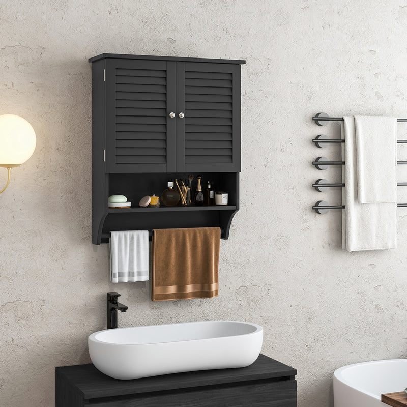 *2-Doors Bathroom Wall-Mounted Medicine Cabinet with Towel Bar - Black