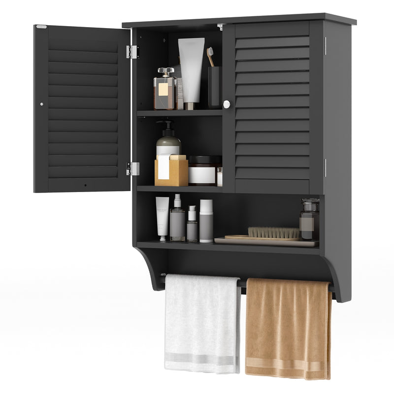 *2-Doors Bathroom Wall-Mounted Medicine Cabinet with Towel Bar - Black