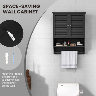 *2-Doors Bathroom Wall-Mounted Medicine Cabinet with Towel Bar - Black
