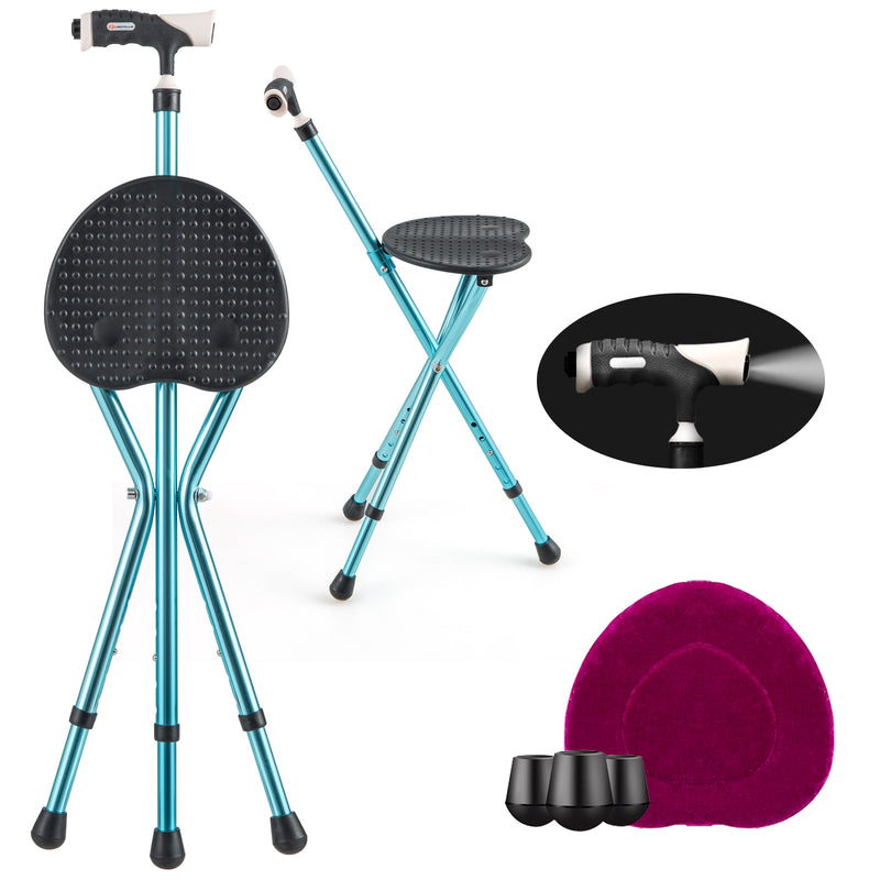 Lightweight Adjustable Folding Cane Seat with Light-Black