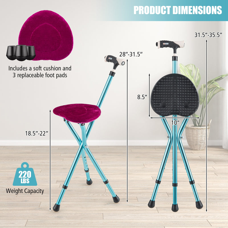 Lightweight Adjustable Folding Cane Seat with Light-Black