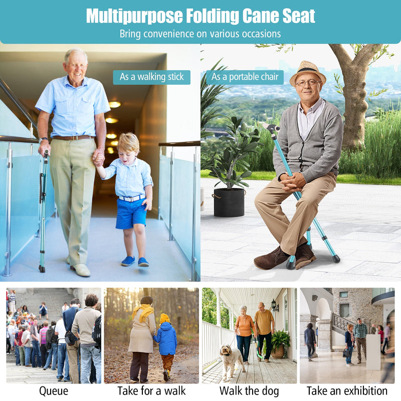 Lightweight Adjustable Folding Cane Seat with Light-Black