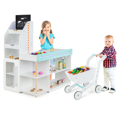Wooden Kids Supermarket Playset with Cash Register and Shopping Cart-White