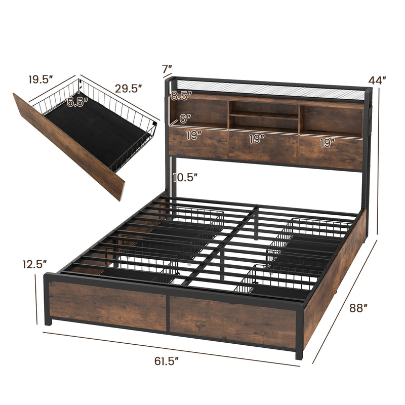 Full/Queen Size Bed Frame with Bookcase Headboard and 4 Storage Drawers-Queen Size