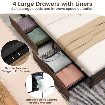 Full/Queen Size Bed Frame with Bookcase Headboard and 4 Storage Drawers-Queen Size