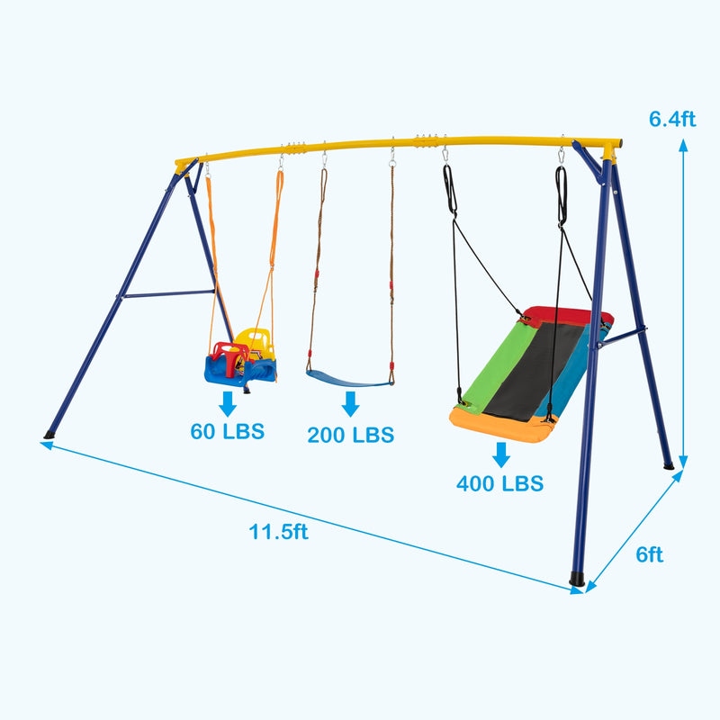 *660 LBS Heavy Duty Carbon Steel Swing Frame with 3 Swings - Yellow