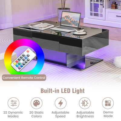 Modern LED Coffee Table with 20 Color LED Lights and 2 Storage Drawers-Black