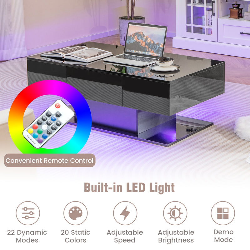 Modern LED Coffee Table with 20 Color LED Lights and 2 Storage Drawers-Black
