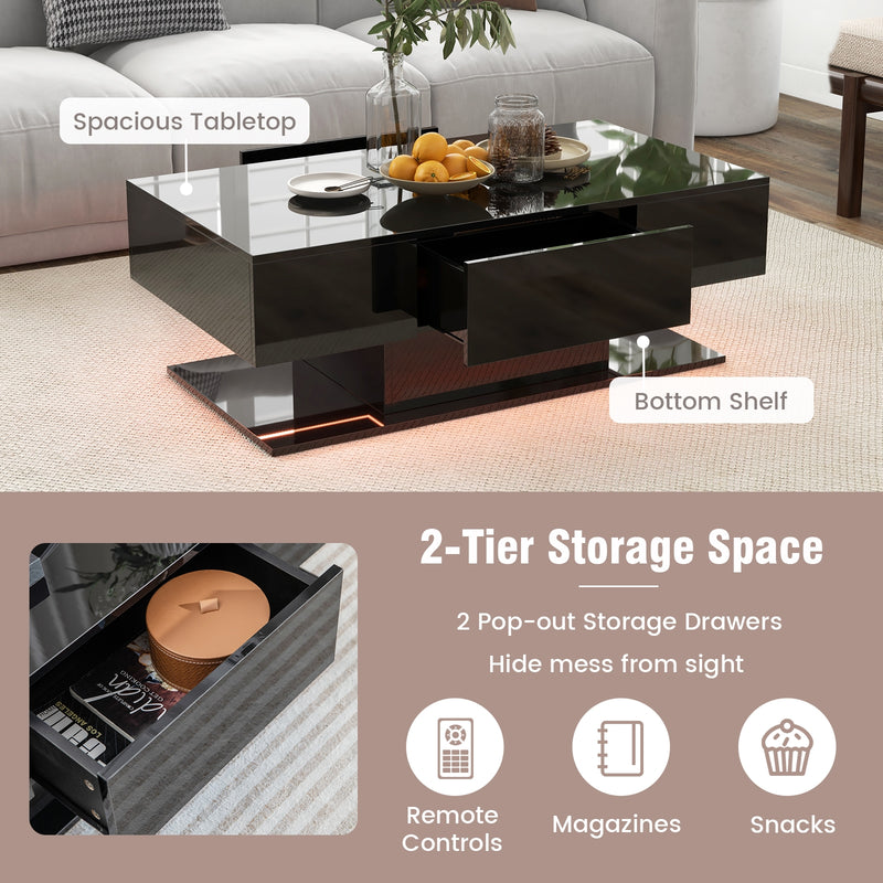 Modern LED Coffee Table with 20 Color LED Lights and 2 Storage Drawers-Black