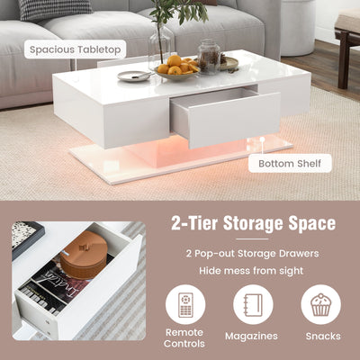Modern LED Coffee Table with 20 Color LED Lights and 2 Storage Drawers-White