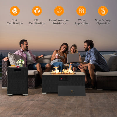 32 x 20 Inch Propane Rattan Fire Pit Table Set with Side Table Tank and Cover-Black