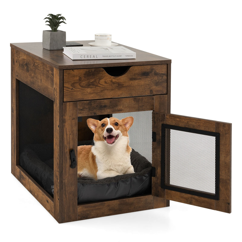 *Furniture Style Dog Kennel with Drawer and Removable Dog Bed - Coffee