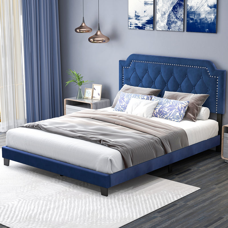Queen Size Velvet Bed Frame with Button Tufted and Nailhead Trim Headboard-Queen Size
