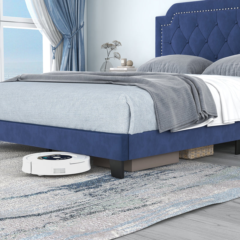 Queen Size Velvet Bed Frame with Button Tufted and Nailhead Trim Headboard-Queen Size