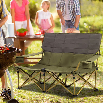 *Oversized Camping Chair Folding Loveseat Camping Couch with Cup Holders & Thick Padding - Green