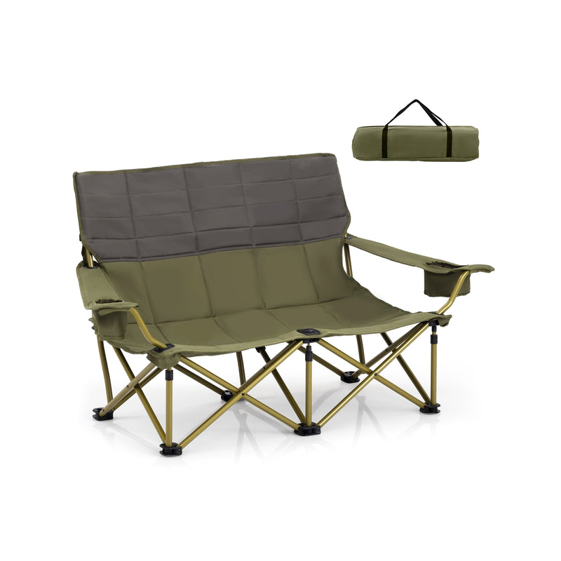 *Oversized Camping Chair Folding Loveseat Camping Couch with Cup Holders & Thick Padding - Green