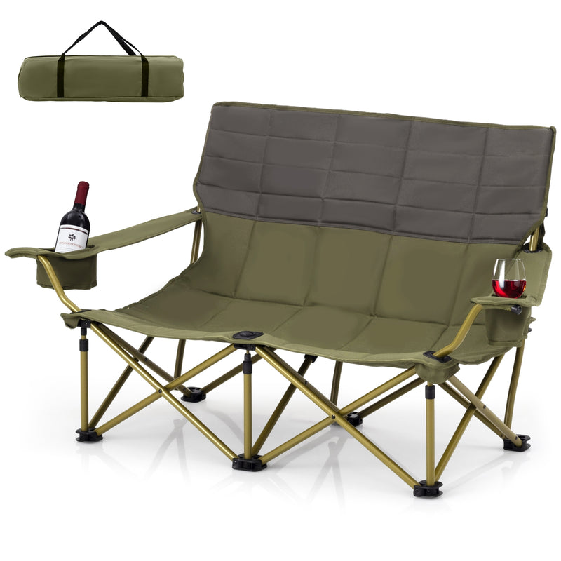 *Oversized Camping Chair Folding Loveseat Camping Couch with Cup Holders & Thick Padding - Green