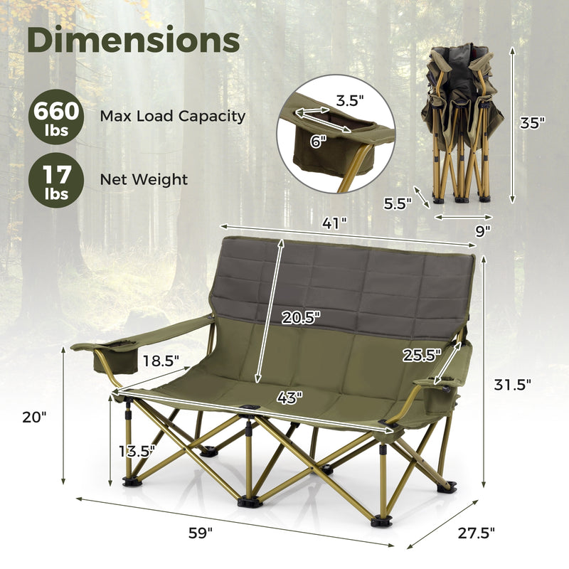 *Oversized Camping Chair Folding Loveseat Camping Couch with Cup Holders & Thick Padding - Green