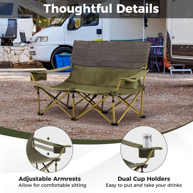 *Oversized Camping Chair Folding Loveseat Camping Couch with Cup Holders & Thick Padding - Green