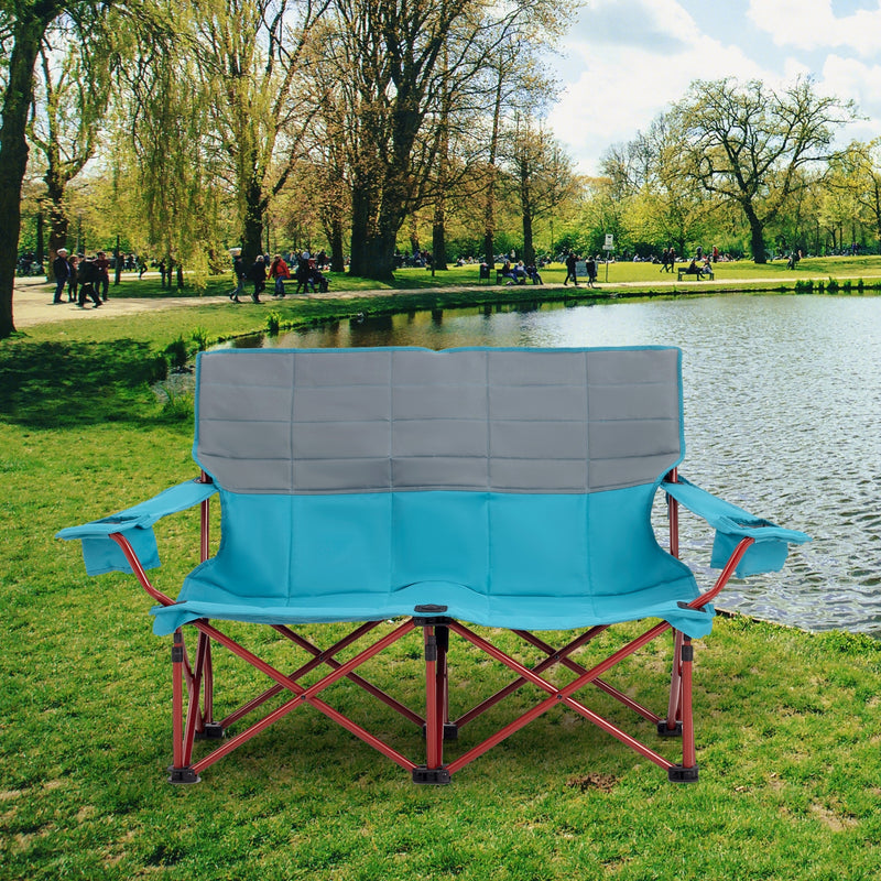 *Oversized Camping Chair Folding Loveseat Camping Couch with Cup Holders & Thick Padding - Blue