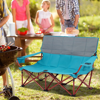 *Oversized Camping Chair Folding Loveseat Camping Couch with Cup Holders & Thick Padding - Blue