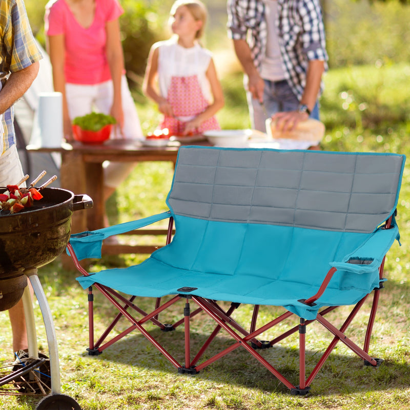 *Oversized Camping Chair Folding Loveseat Camping Couch with Cup Holders & Thick Padding - Blue