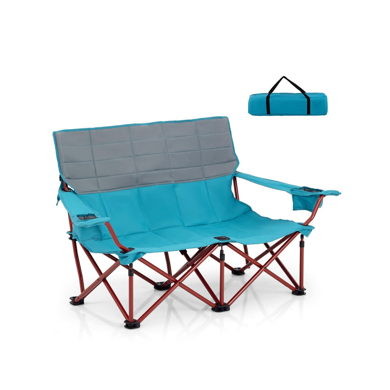 *Oversized Camping Chair Folding Loveseat Camping Couch with Cup Holders & Thick Padding - Blue