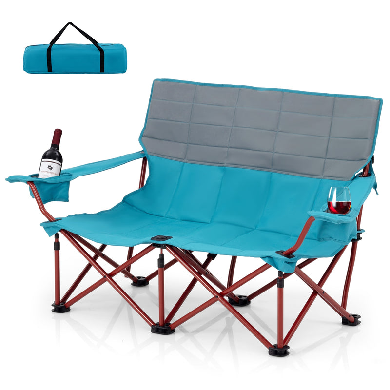 *Oversized Camping Chair Folding Loveseat Camping Couch with Cup Holders & Thick Padding - Blue
