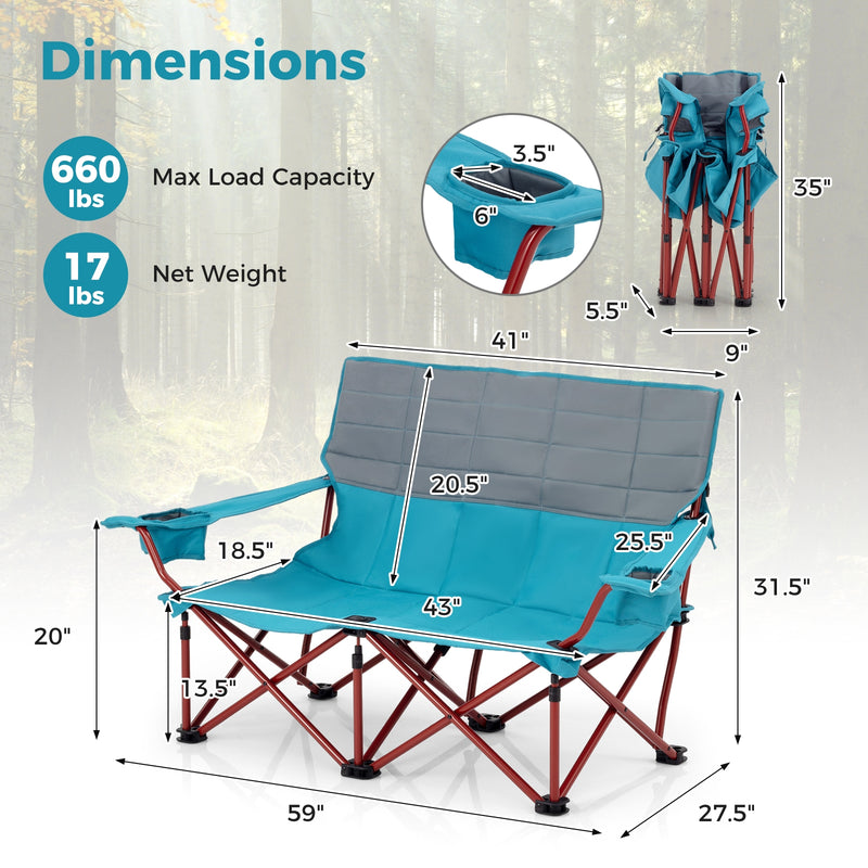 *Oversized Camping Chair Folding Loveseat Camping Couch with Cup Holders & Thick Padding - Blue